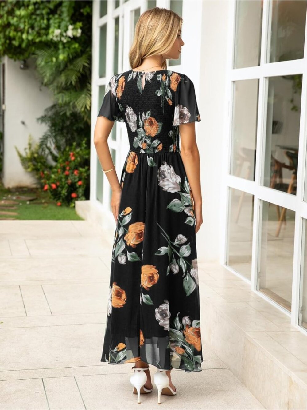 Women's Black Crew Neck Floral Boho Flowy Short Sleeve Cocktail Maxi Dress - Picture 5 of 6